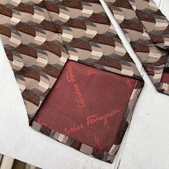 Ferragamo Silk Tie Mens Black Brown and Gray Handmade Made In Italy - Picture 3 of 8